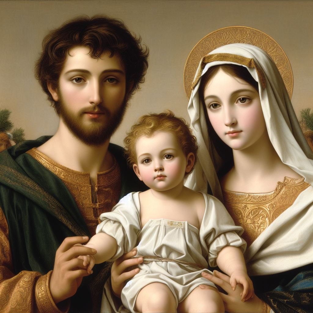 Sagrada Família: São José e Maria com o Menino Jesus no colo