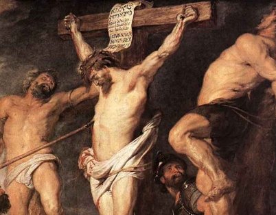 Pintura da crucificação, com São Dimas na cruz ao lado de Jesus