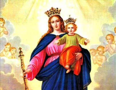 Nossa Senhora Auxiliadora coroada, com o Menino Jesus no colo e um cetro