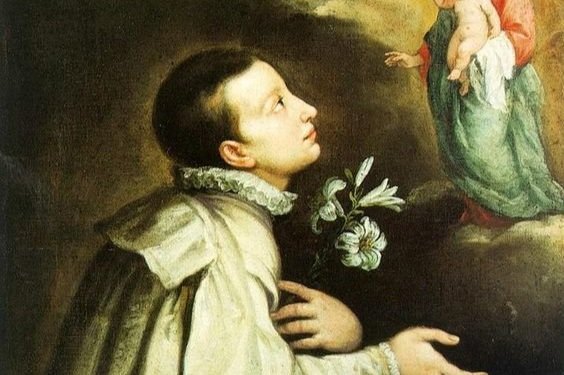 São Luís Gonzaga, com lírios nas mãos, contempla Nossa Senhora com o Menino