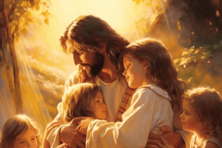 Jesus abraça um grupo de crianças sob uma luz dourada
