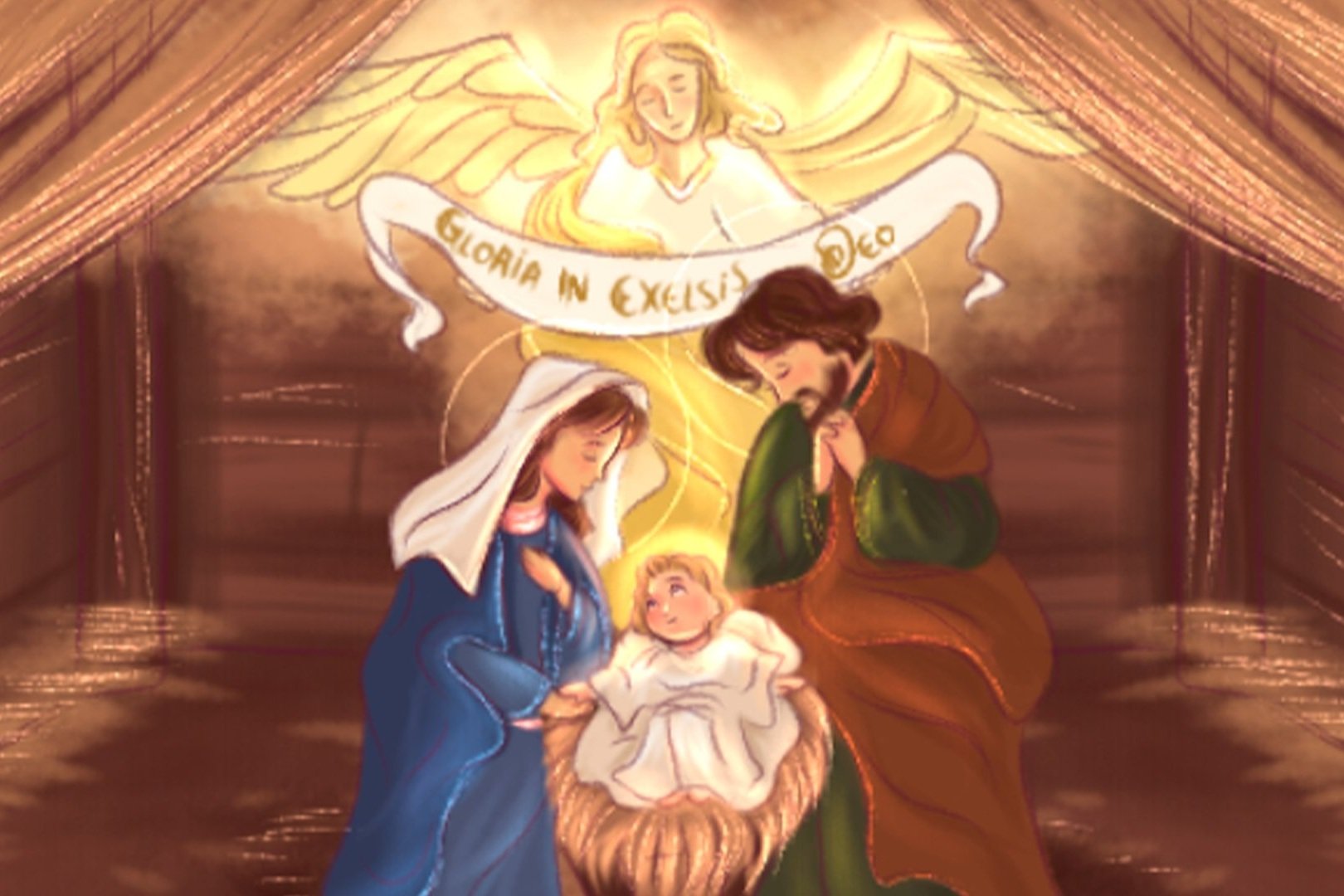 Ilustração da Natividade com um anjo sobre a manjedoura, Maria, José e o Menino Jesus