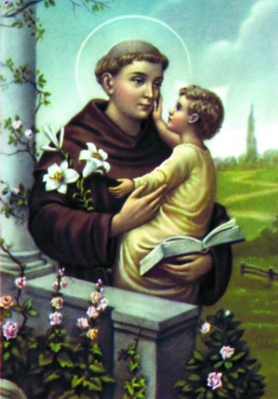 Pintura de Santo Antônio de Pádua, frade franciscano, segurando o Menino Jesus, com um lírio e um livro