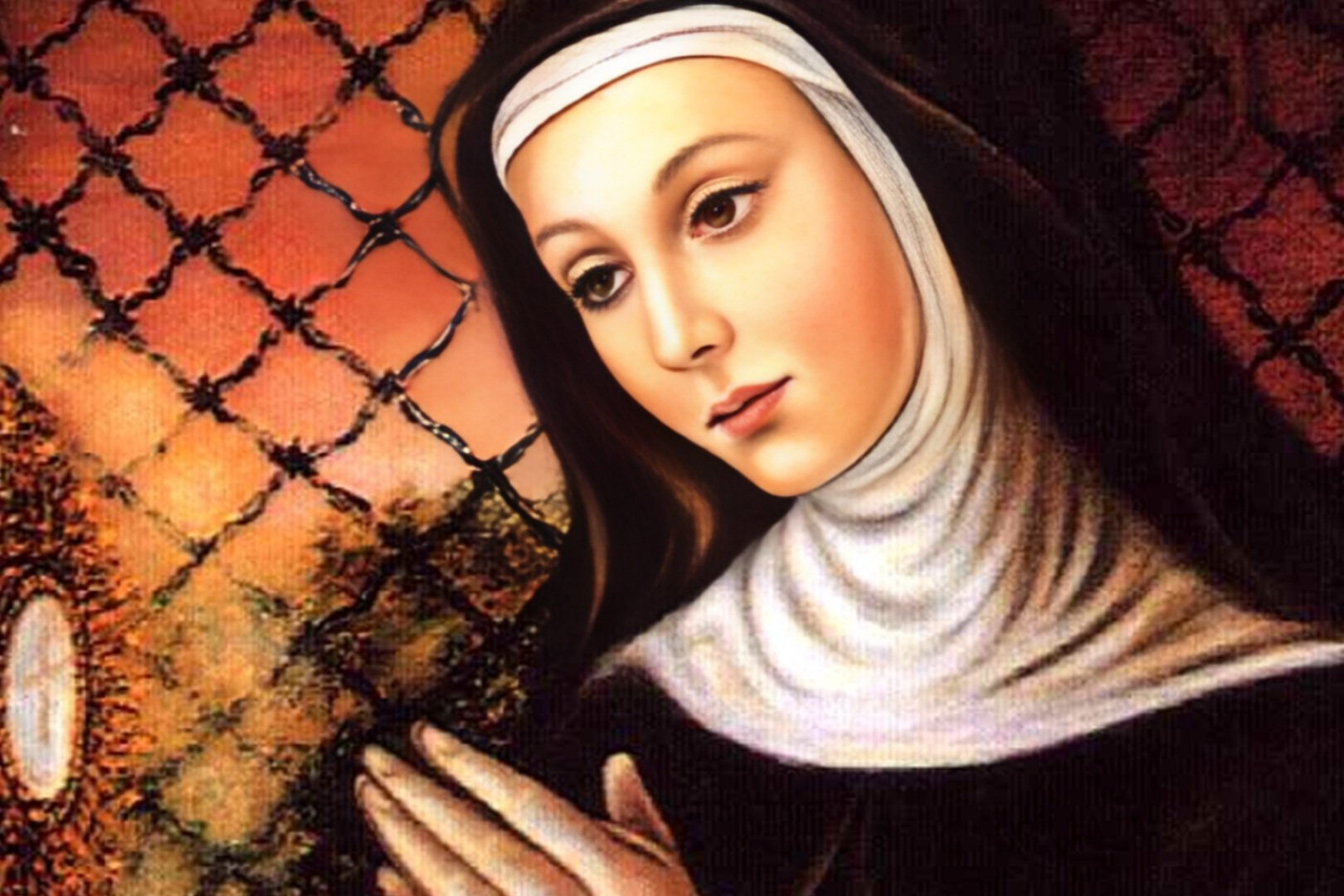 Retrato de Santa Clara de Assis, religiosa de véu branco e hábito marrom