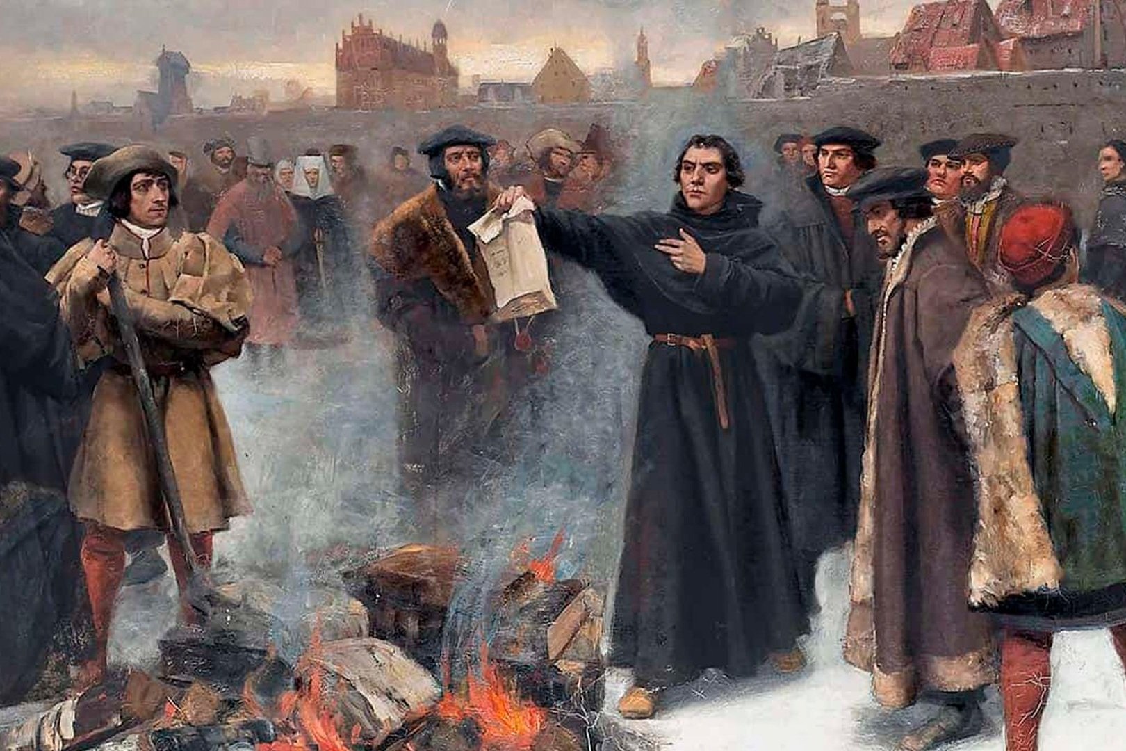 Pintura de religiosos e populares em torno de uma fogueira de livros