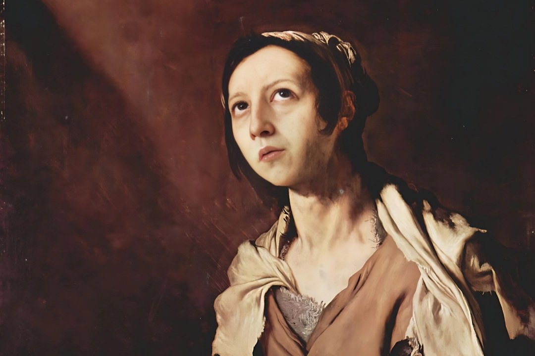 Santa Maria Egipcíaca, mulher de cabelos escuros e vestes simples, olhando de lado