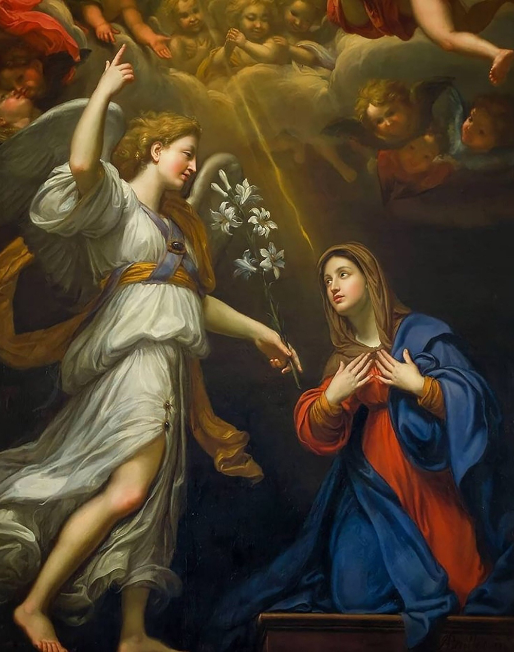 O arcanjo Gabriel, com um lírio, anuncia a Maria, que se ajoelha de mãos postas