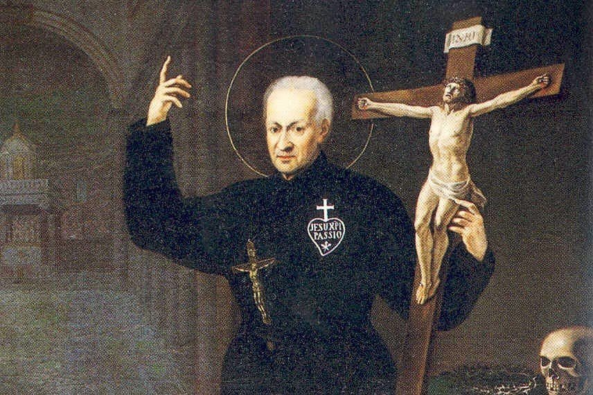 Pintura de São Paulo da Cruz, sacerdote de hábito preto segurando um crucifixo, braços abertos