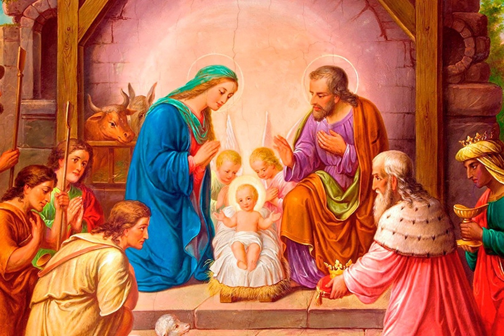 Presépio ilustrado com Maria, José, o Menino Jesus, pastores e os Reis Magos