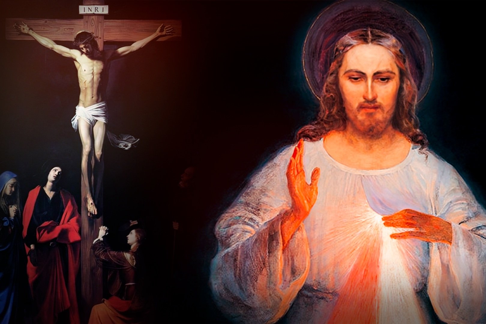 Jesus Misericordioso com os raios da Divina Misericórdia, ao lado de um crucifixo
