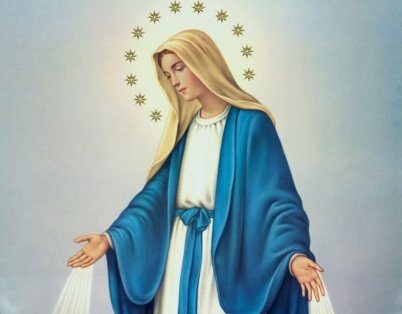 Imagem de Nossa Senhora das Graças com manto azul, auréola de estrelas e mãos estendidas para baixo