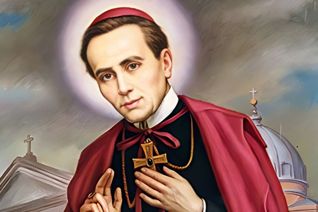 São João Nepomuceno Neumann, bispo de manto vermelho e cruz peitoral, diante de uma igreja