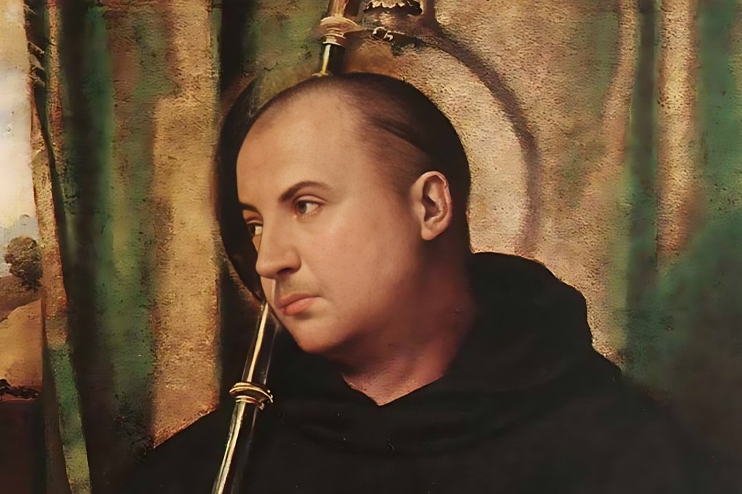 Santo Amaro, monge de hábito preto e auréola, segurando um báculo