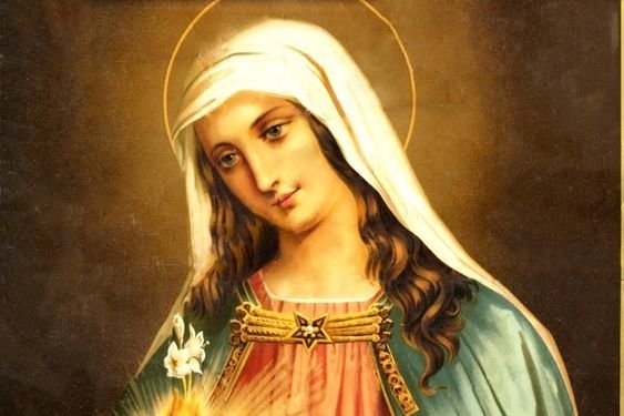 Imaculado Coração de Maria: Maria de véu branco segurando o coração em chamas
