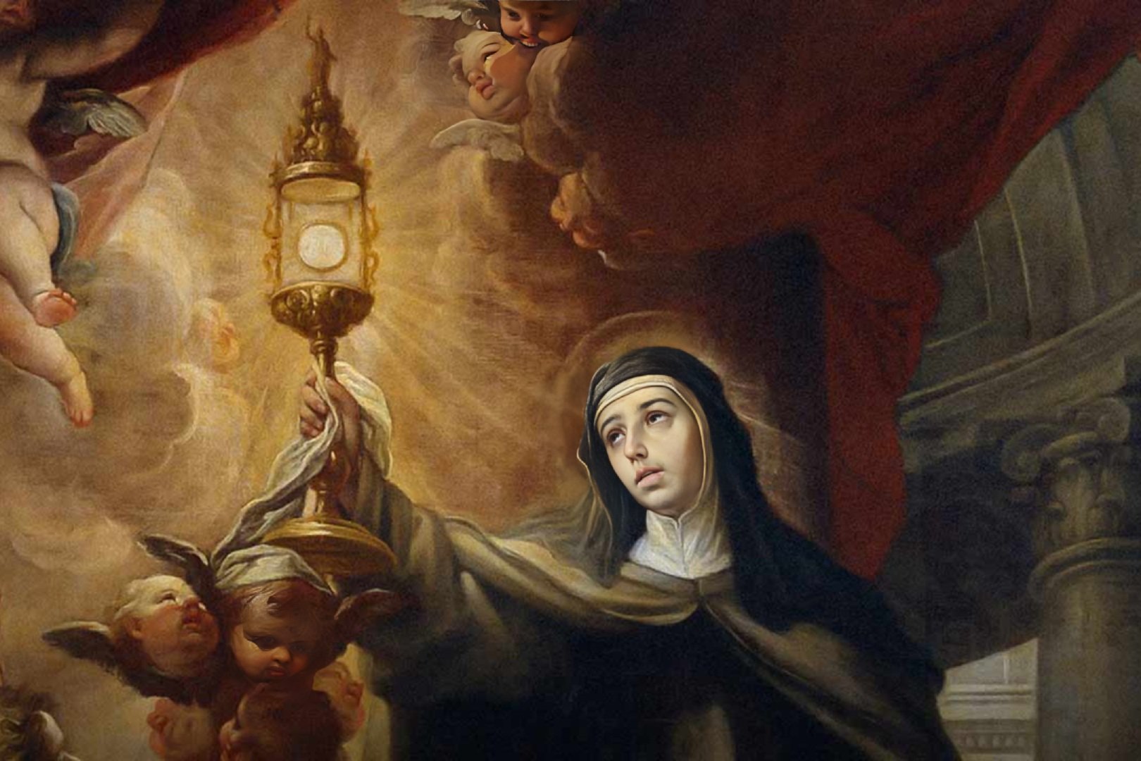 Santa Clara de Assis ajoelhada diante do ostensório, com anjos ao redor