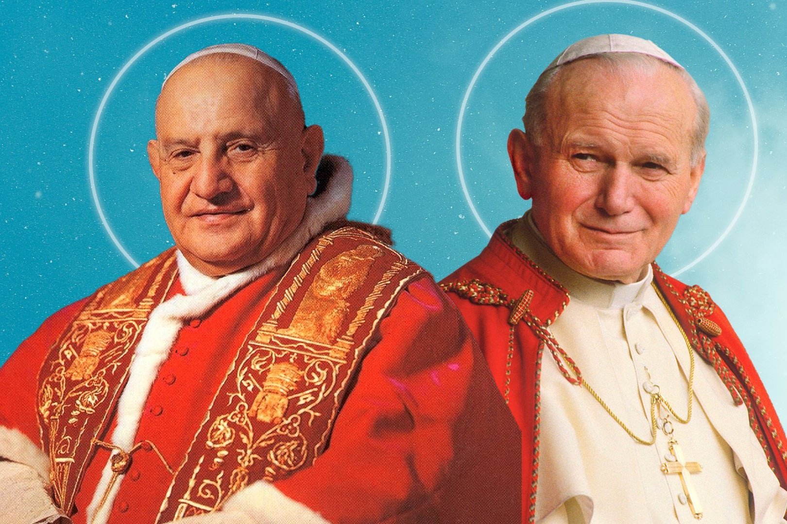Retratos dos papas João XXIII e João Paulo II, com auréolas e paramentos vermelhos