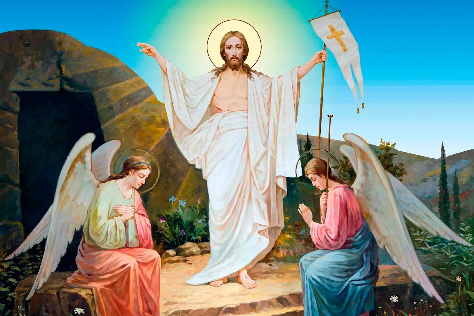 Jesus ressuscitado diante do túmulo vazio, com anjos e mulheres ajoelhadas