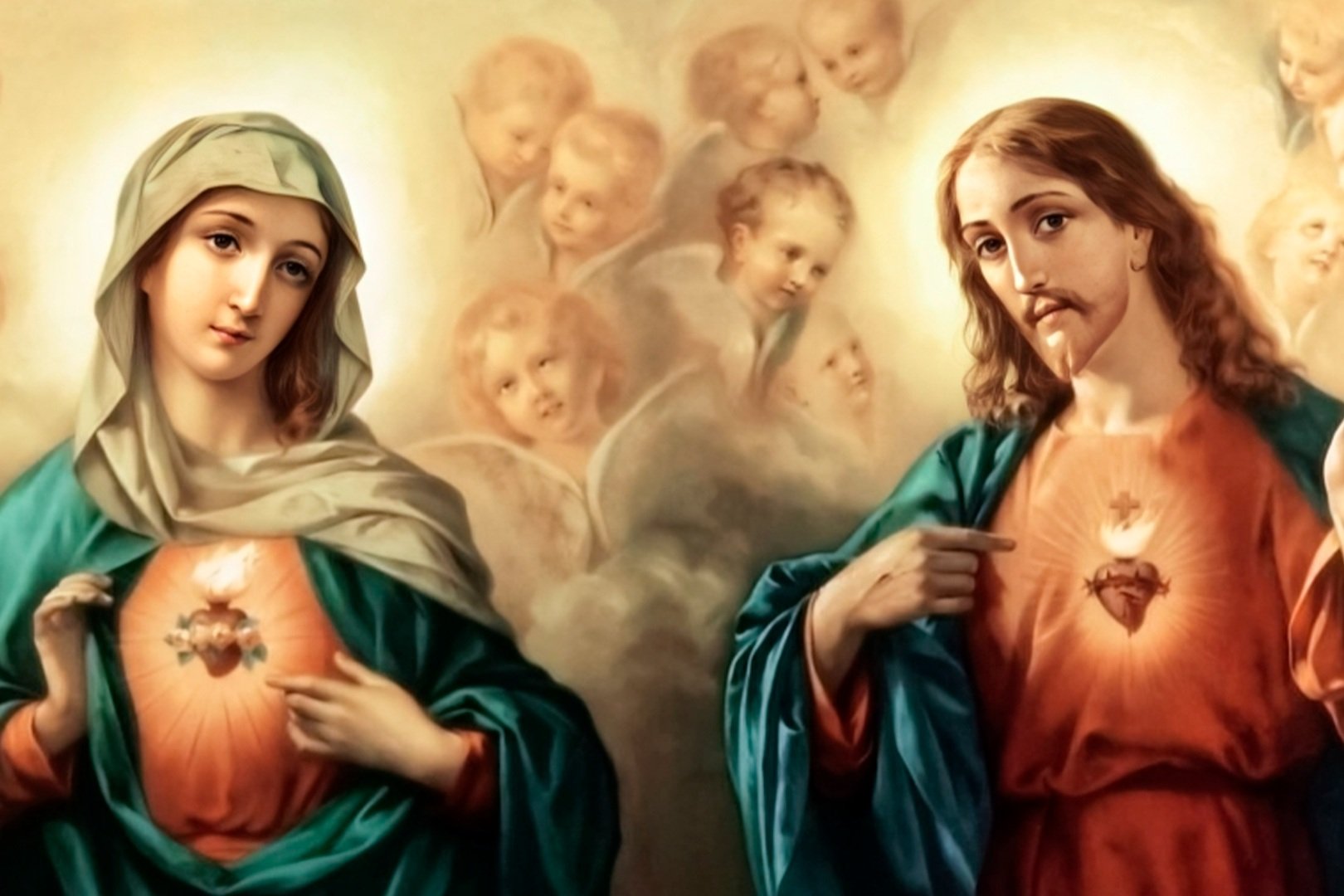 Sagrado Coração de Jesus e Imaculado Coração de Maria lado a lado, entre anjos