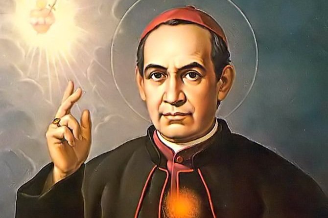 Pintura de Santo Antônio Maria Claret, bispo com auréola e batina preta, em gesto de bênção segurando um livro