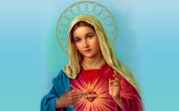 Imaculado Coração de Maria, de véu e manto, com o coração no peito