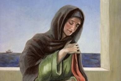 Pintura de Santa Mônica em manto escuro sobre vestido verde, orando de mãos postas junto ao mar