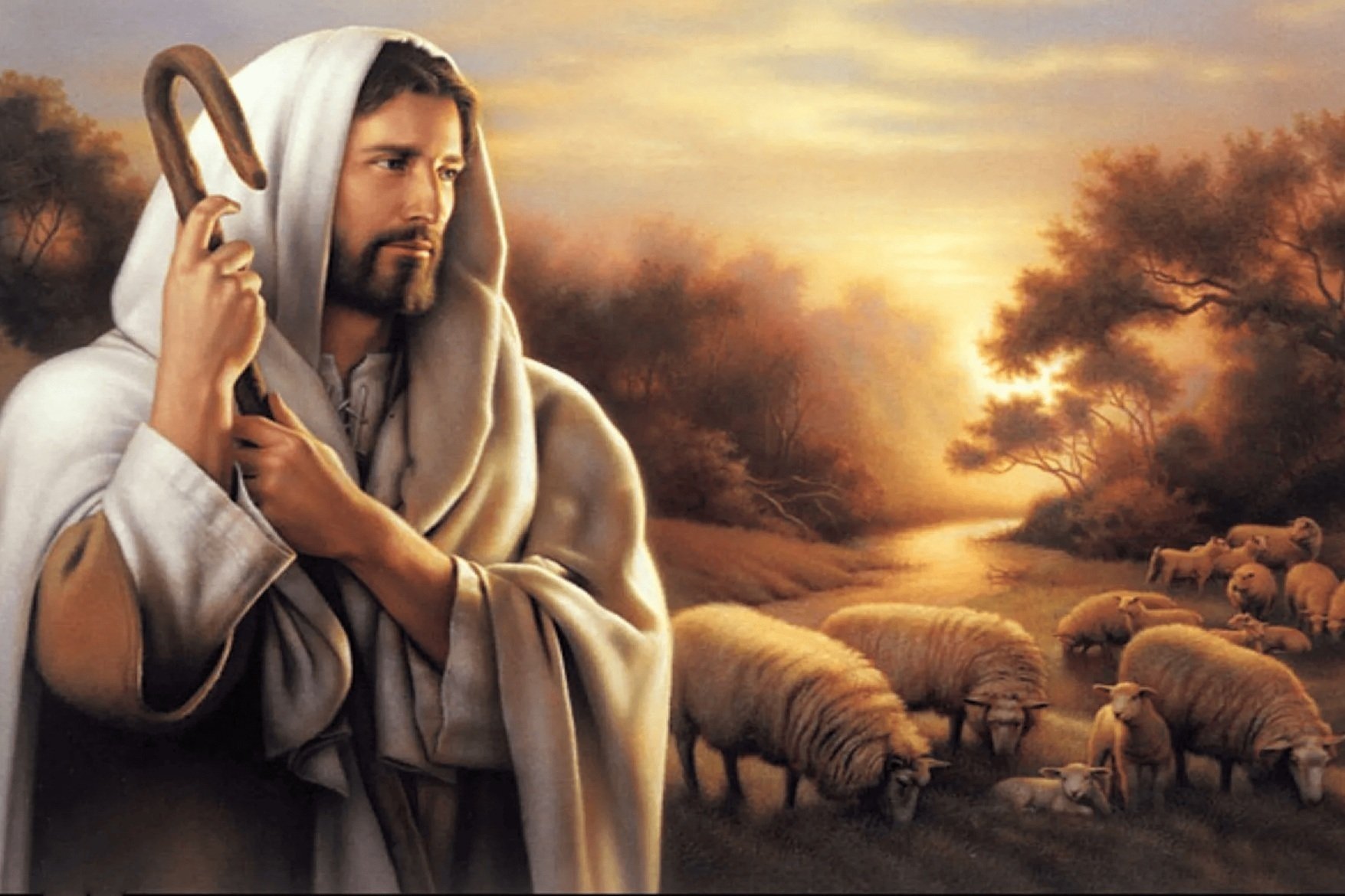 Jesus Bom Pastor, com cajado e ovelha nos ombros, em paisagem campestre