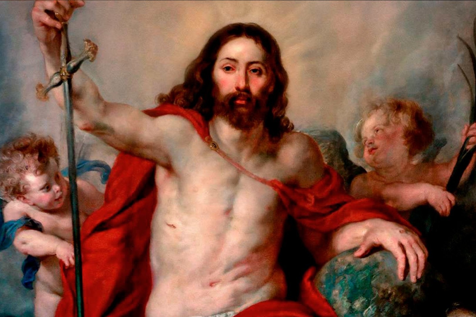 Cristo ressuscitado com o estandarte da cruz, sobre nuvens e anjos