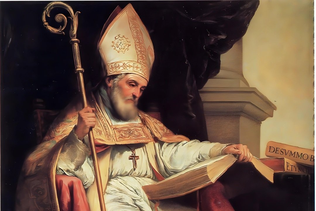Santo Isidoro de Sevilha, bispo de mitra e báculo segurando um livro