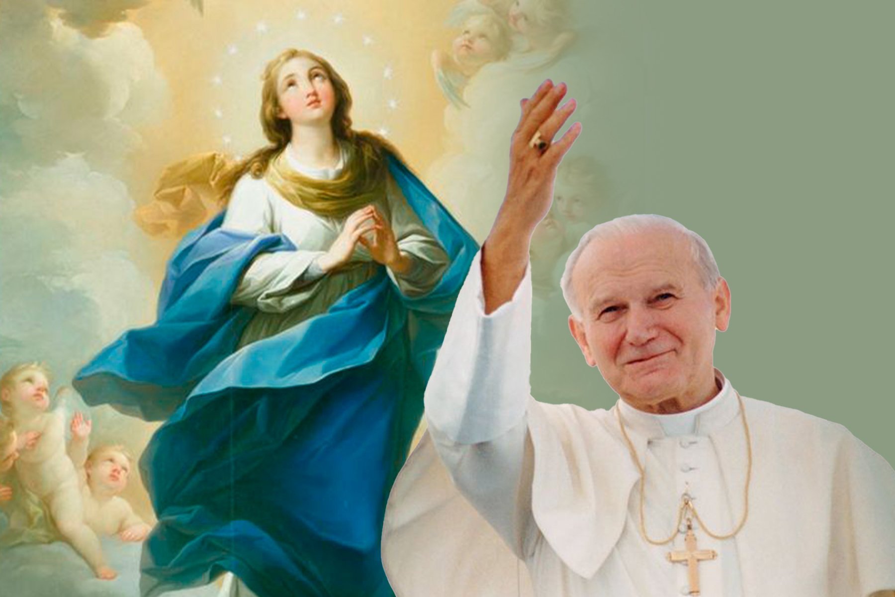 Papa João Paulo II de mãos erguidas diante de uma imagem de Nossa Senhora entre nuvens
