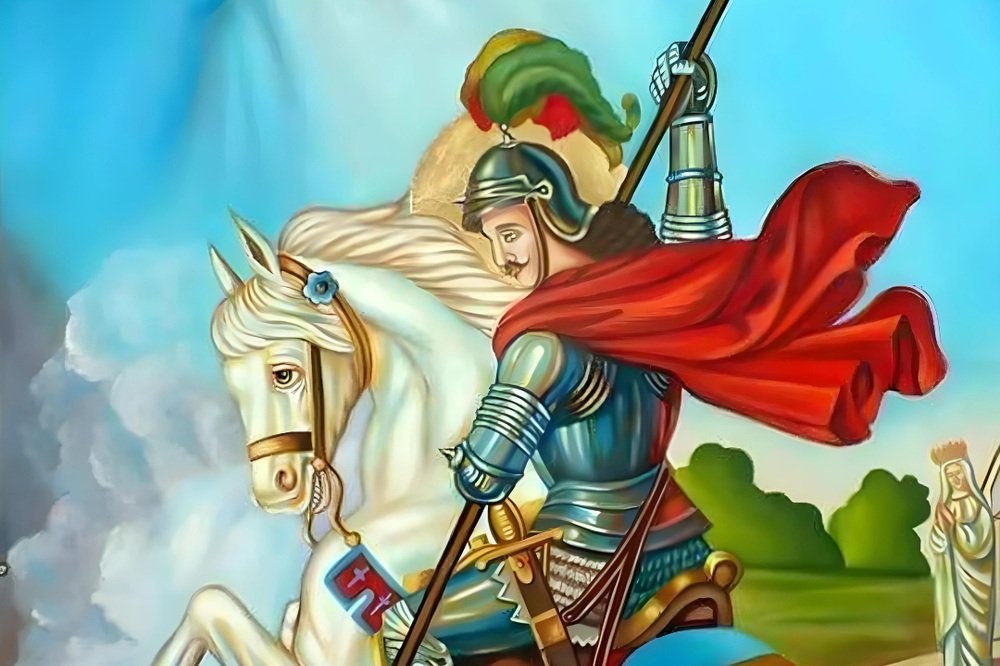 São Jorge guerreiro montado no cavalo branco, com a lança em riste
