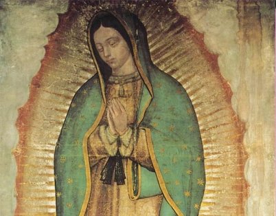 Imagem de Nossa Senhora de Guadalupe, de mãos postas e manto verde estrelado