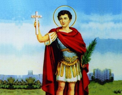 Imagem de Santo Expedito, jovem soldado romano de capa vermelha, segurando uma cruz e um ramo de palma