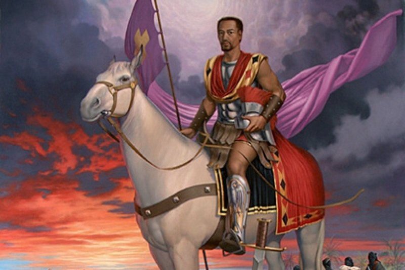 Pintura de São Maurício como soldado a cavalo branco, de armadura, segurando um estandarte