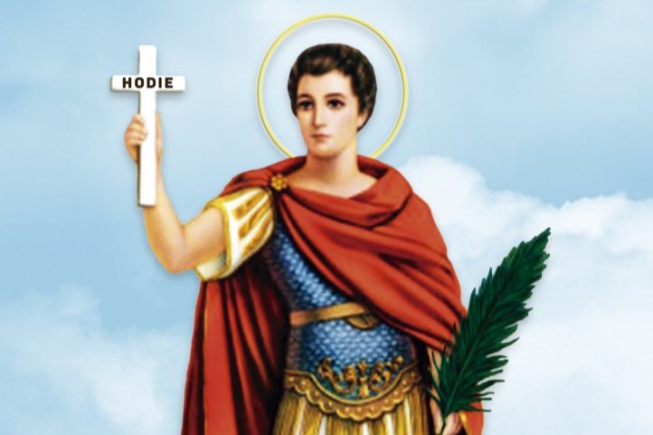 Santo Expedito, soldado romano de capa vermelha, segurando uma cruz com a palavra Hodie