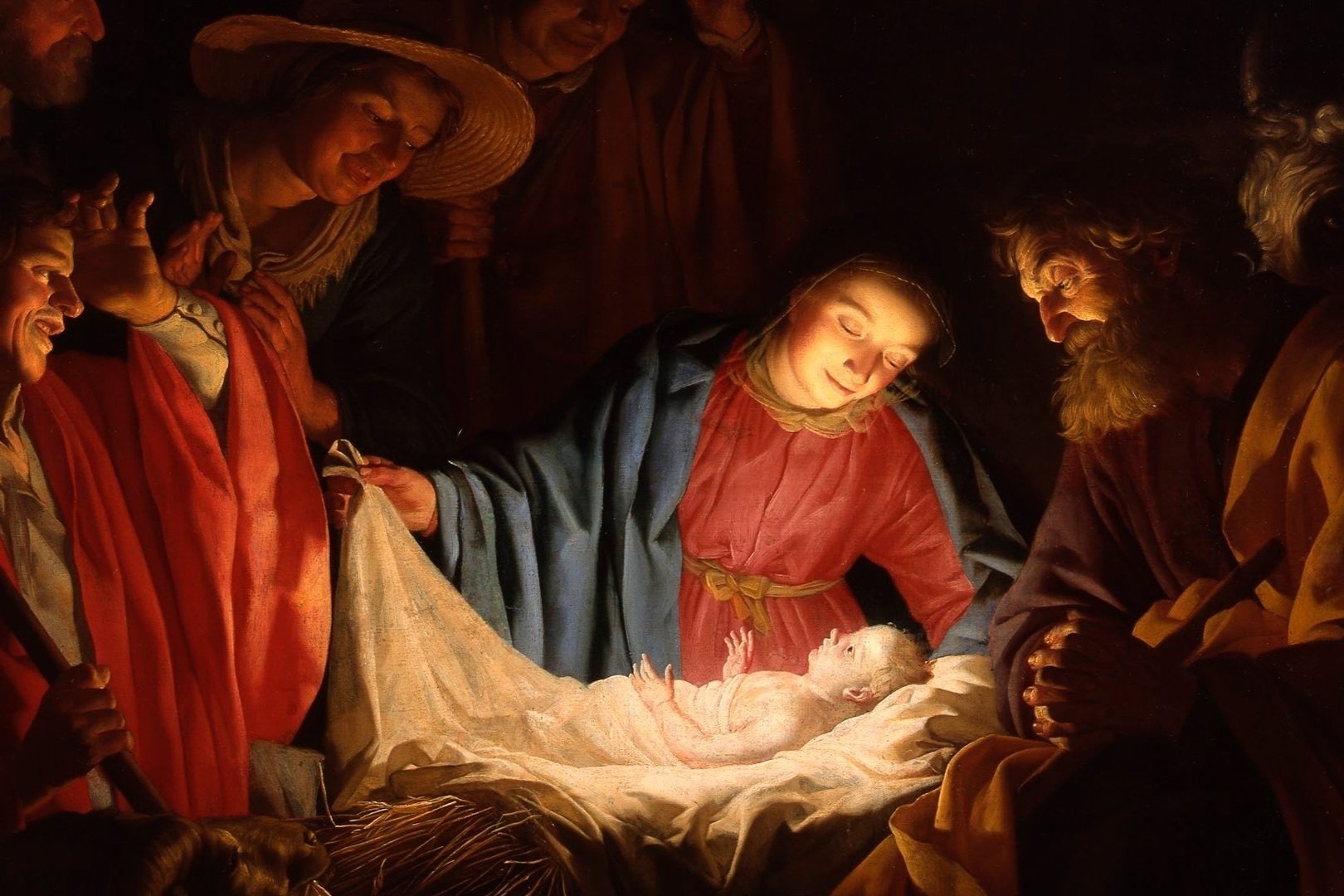 Cena da Natividade: Maria e José contemplam o Menino Jesus na manjedoura