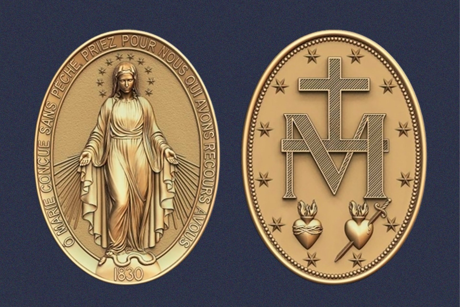 Frente e verso da Medalha Milagrosa, com Nossa Senhora e o monograma de Maria