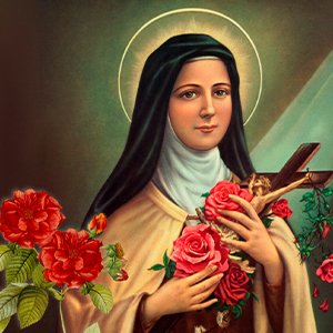 Santa Teresinha do Menino Jesus, freira carmelita de véu negro, segurando rosas vermelhas e um crucifixo