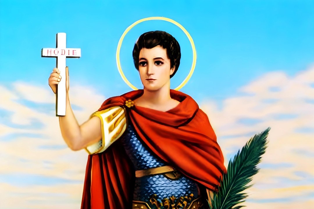 Santo Expedito, soldado romano de capa vermelha, segurando uma cruz