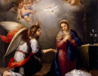 Cena da Anunciação: anjo ajoelhado diante da Virgem Maria, com a pomba do Espírito Santo e anjos ao redor