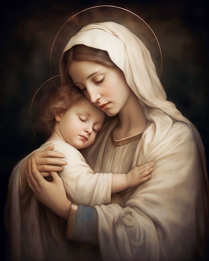 Maria abraça com ternura o Menino Jesus adormecido em seus braços