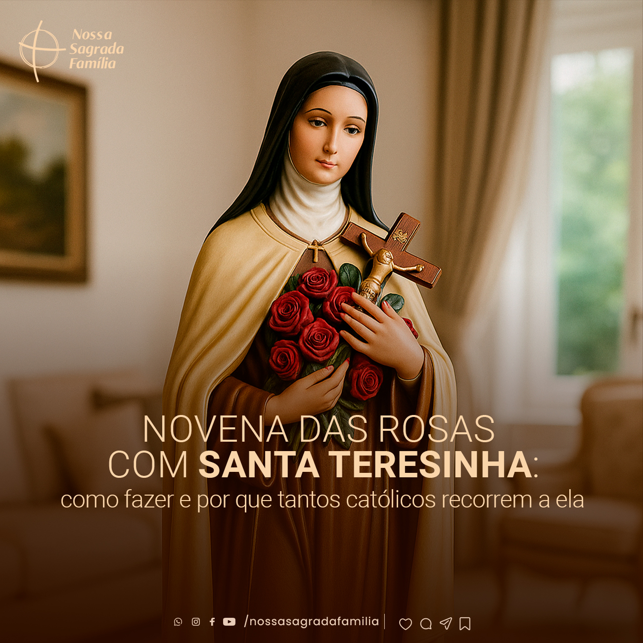 Arte com Santa Teresinha segurando um crucifixo com rosas e o texto Novena das Rosas