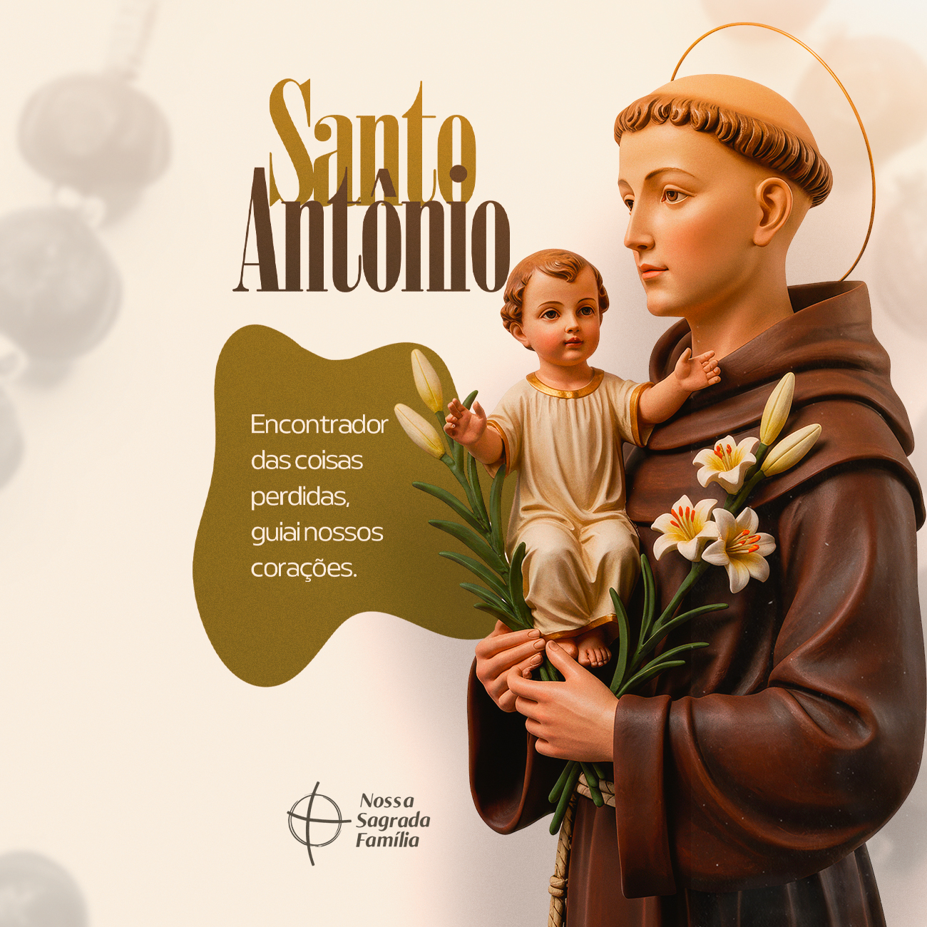 Arte de Santo Antônio com o Menino Jesus e lírios, com o nome do santo em destaque