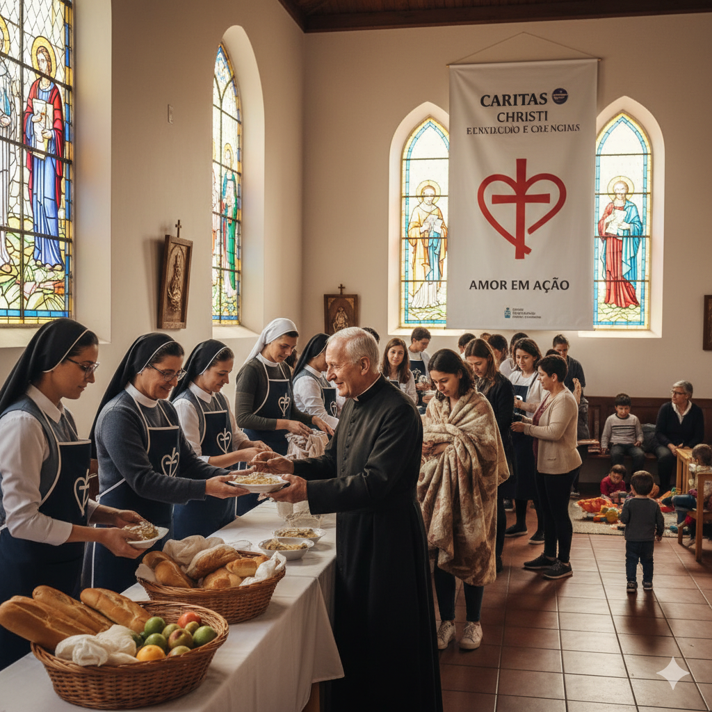Pessoas servindo e recebendo alimentos em um salão de igreja