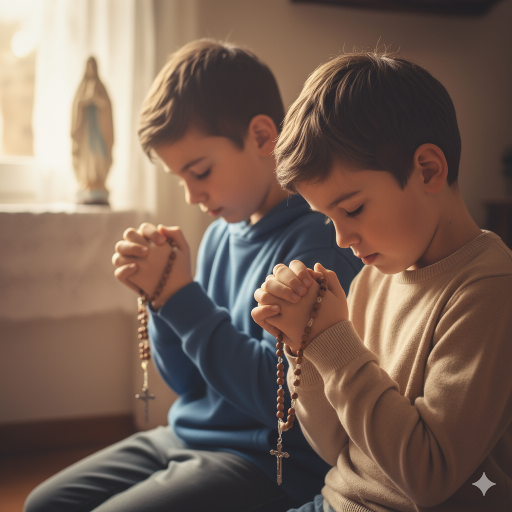 Dois meninos rezando de mãos postas, sentados junto a uma janela