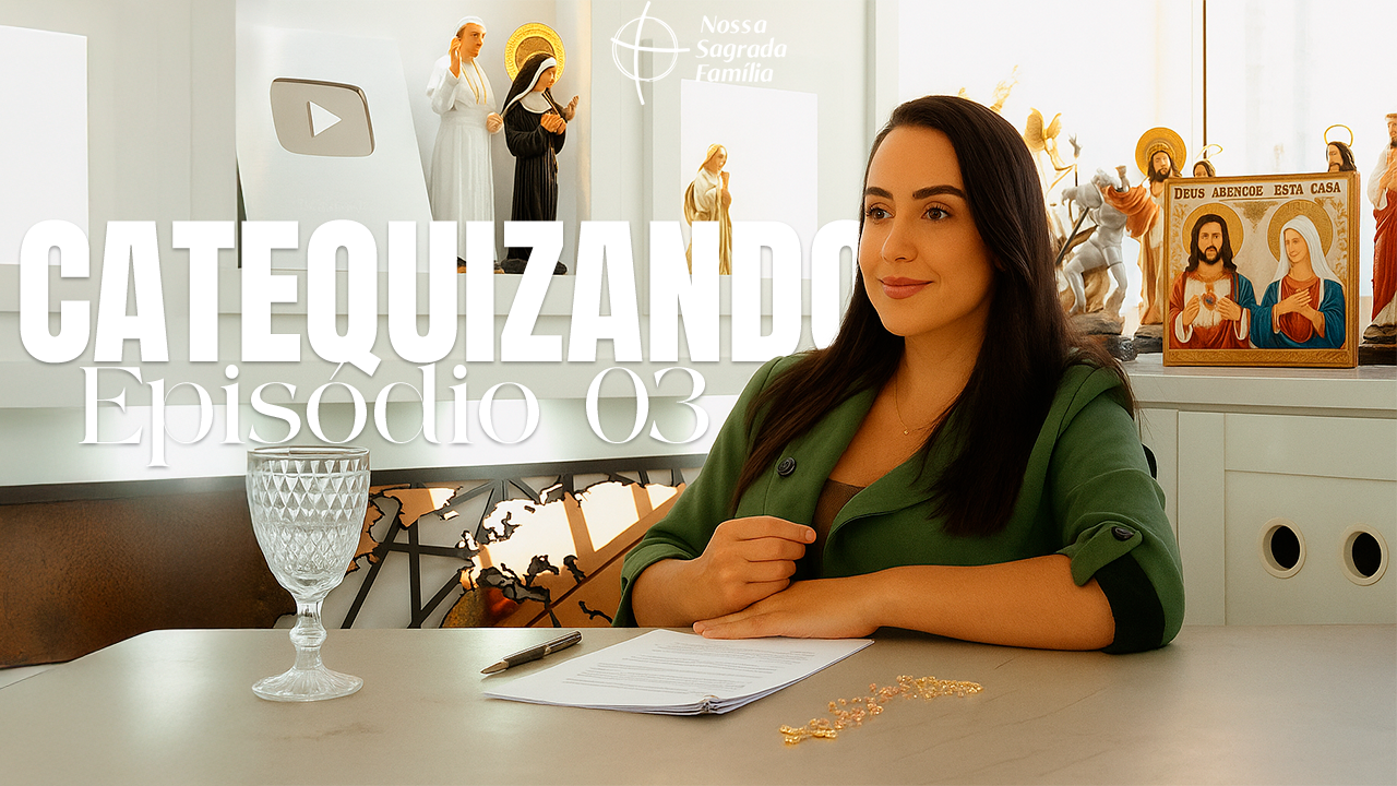 Mulher sentada à mesa com uma Bíblia, sob o título Catequizando Episódio 03