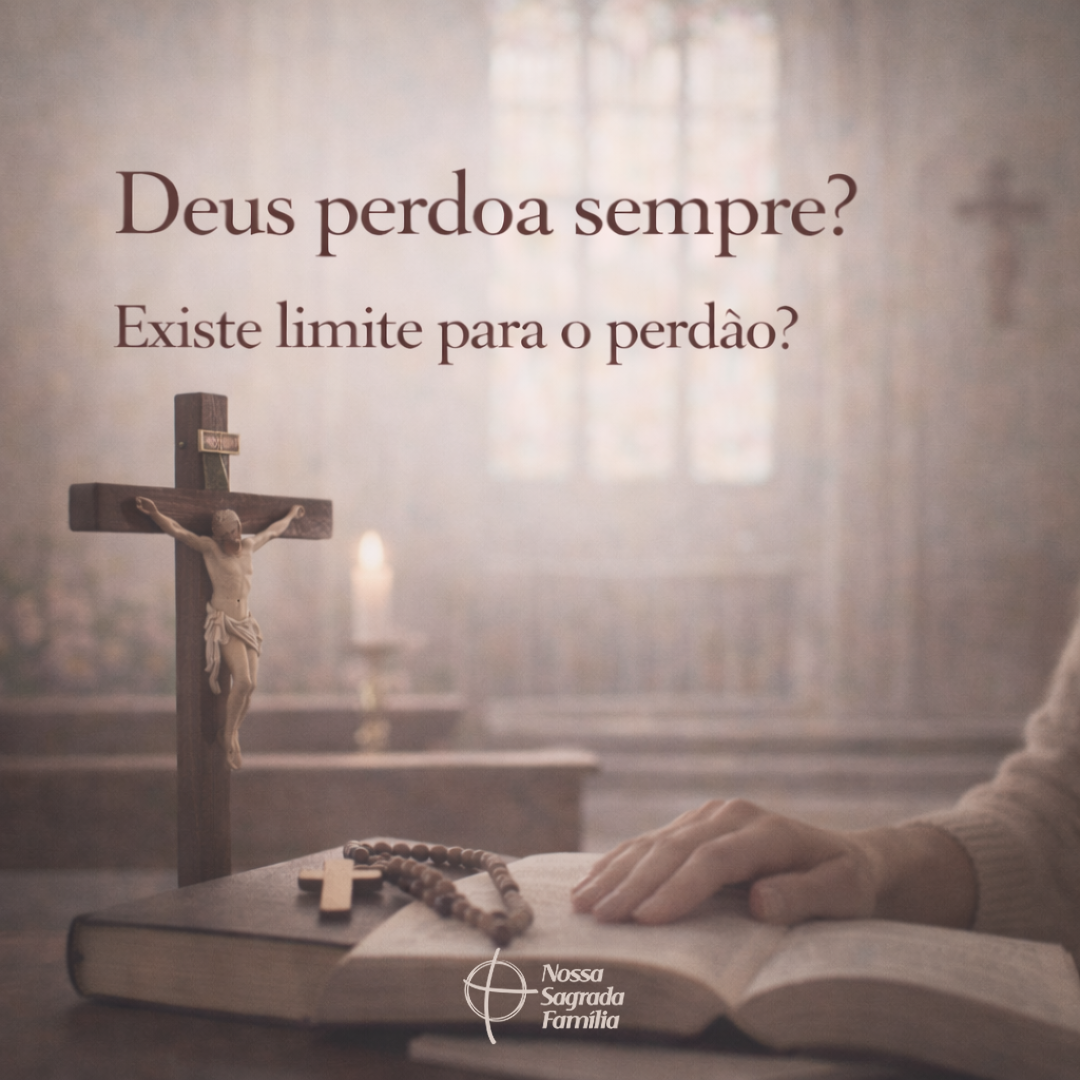 Terço ao lado de uma vela acesa, com o texto Deus perdoa sempre