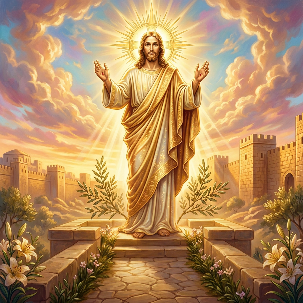 Jesus Christ standing with radiant halo and outstretched arms under bright sky