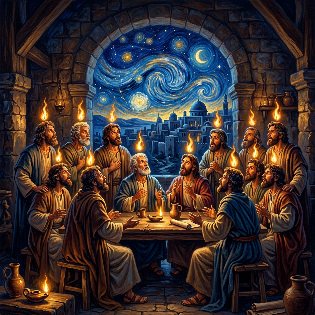 Twelve disciples sitting and standing around a table with flames above their heads under a starry, swirling night sky.