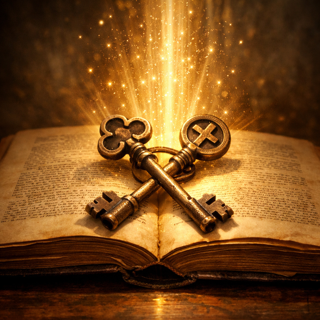 Two antique metal keys glowing with golden light on an open old book