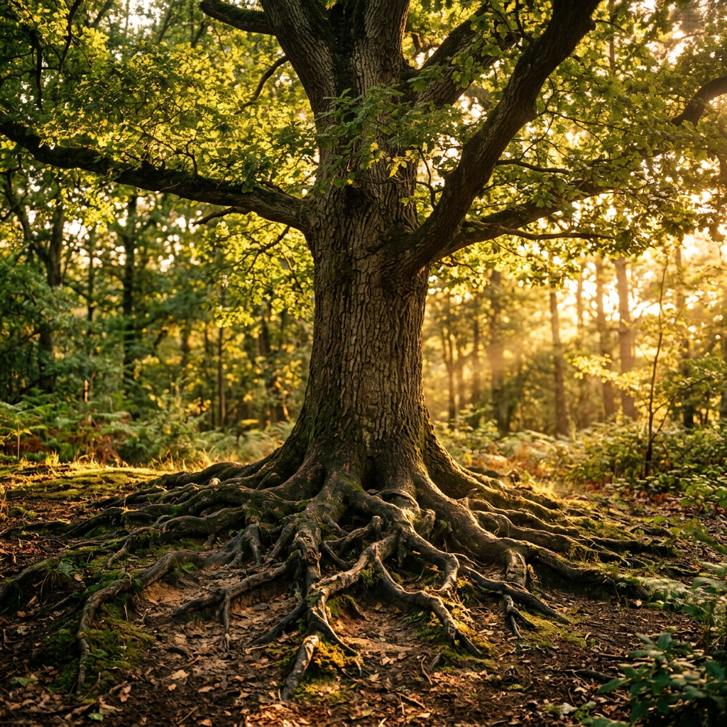 Large oak tree with extensive exposed roots in a sunlit forest